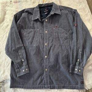 Vintage Bugle Boy Long Sleeve Button Down Railroad 77 Blue Striped Shirt Men's L